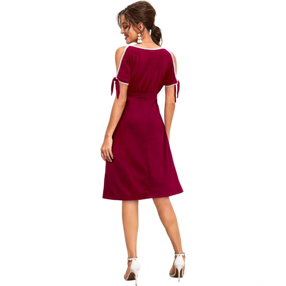 Indoraa Women's Knitting stretchable Solid Round Neck Sleeveless Dress (Maroon)