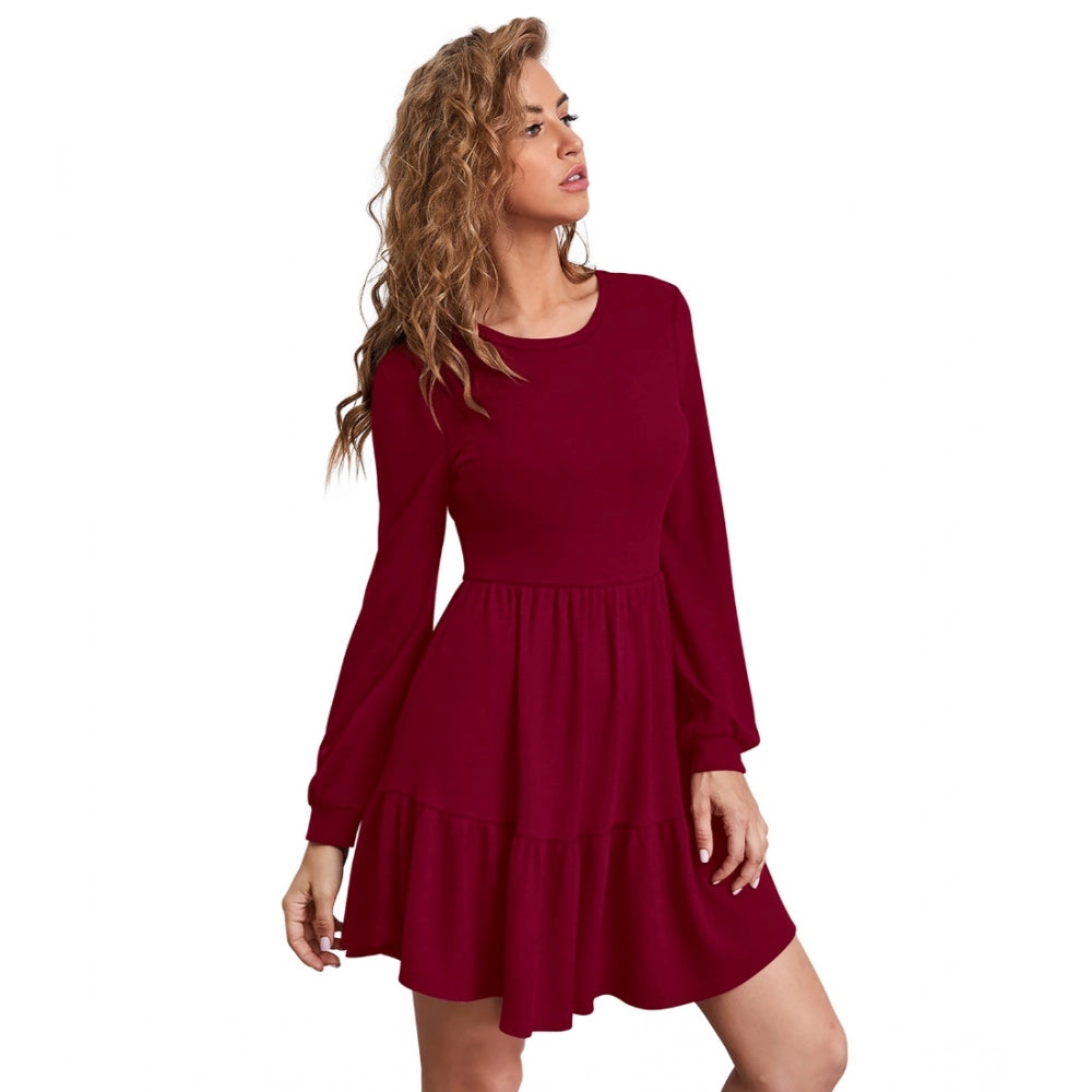 Indoraa Women's Knitting stretchable Solid Round Neck Full Sleeve Dress (Maroon)