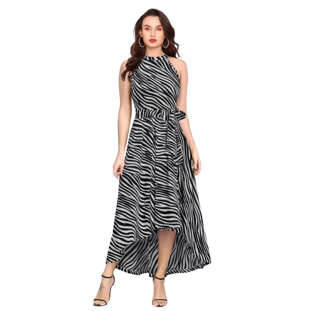Indoraa Women's Polyester Zebra Pattern Halter Neck Sleeveless Dress (Navy Blue)