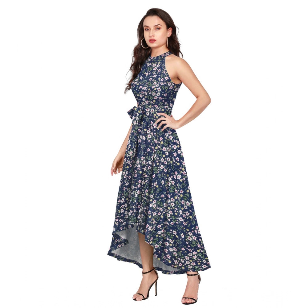 Indoraa Women's Polyester Printed Halter Neck Sleeveless Dress (Blue)