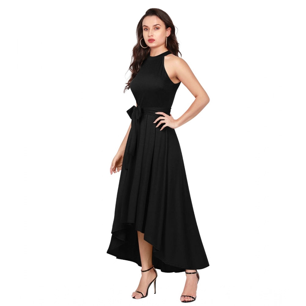 Indoraa Women's Polyster Solid Halter Neck Sleeveless Dress (Black)