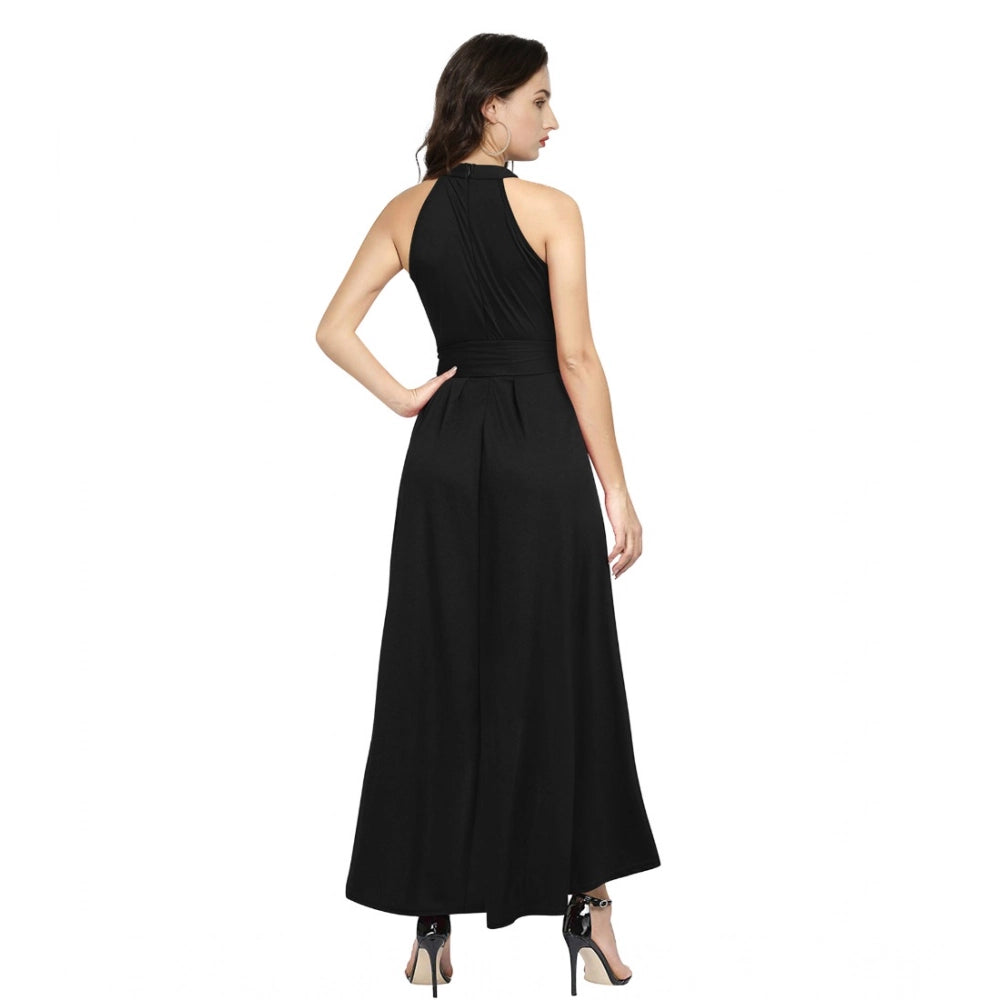Indoraa Women's Polyster Solid Halter Neck Sleeveless Dress (Black)