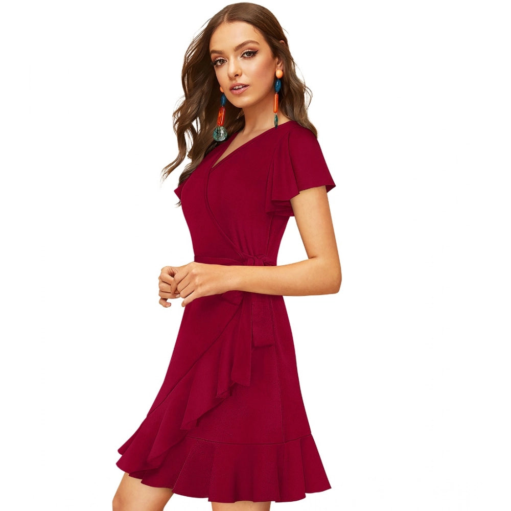 Indoraa Women's Knitting stretchable Solid V Neck Flaired Sleeve Dress (Maroon )