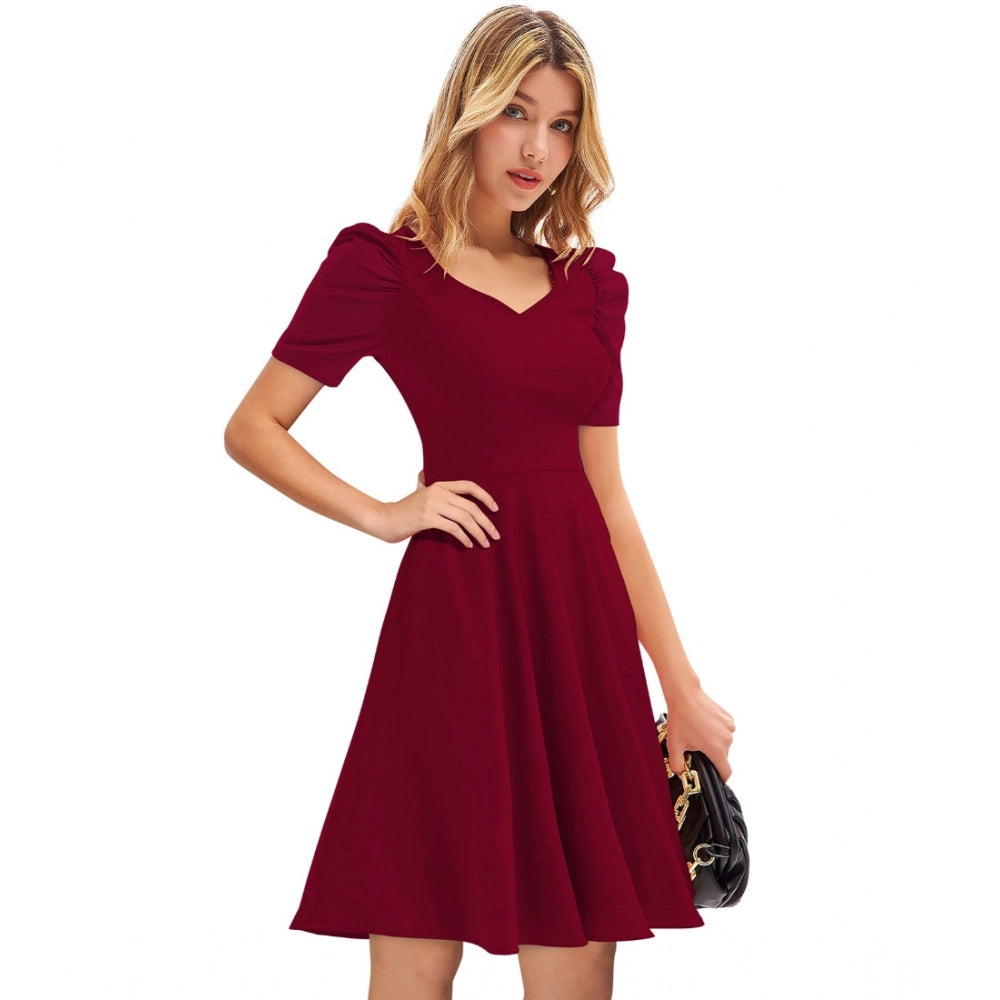 Indoraa Women's Knitting stretchable Solid V Neck Cap Sleeve Dress (Maroon)