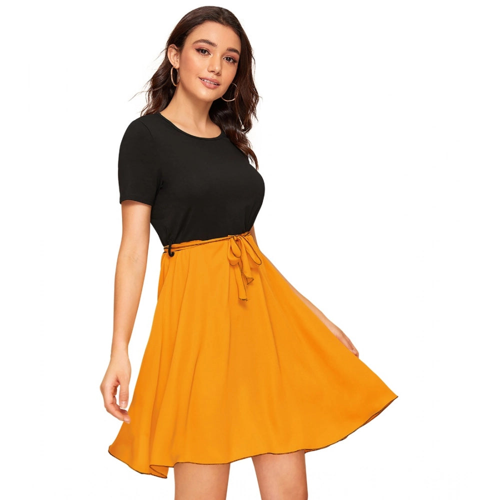 Indoraa Women's Knitting stretchable Solid Round Neck Cap Sleeve Dress (Yellow)