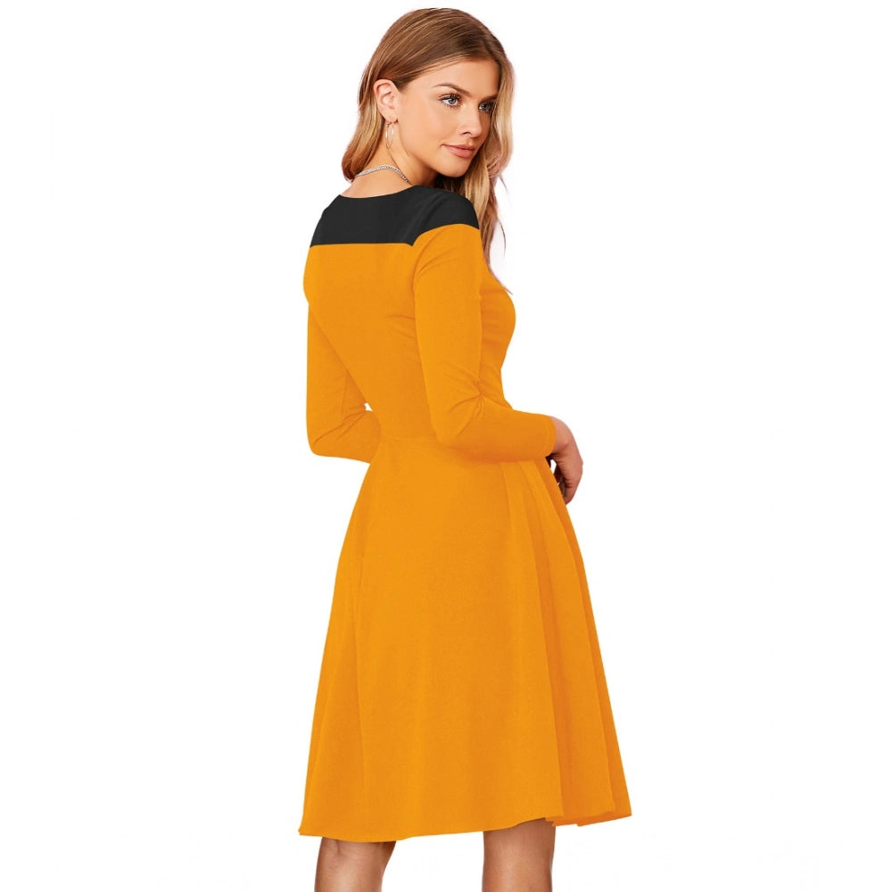 Indoraa Women's Knitting stretchable Solid Round Neck Full Sleeve Dress (Yellow)
