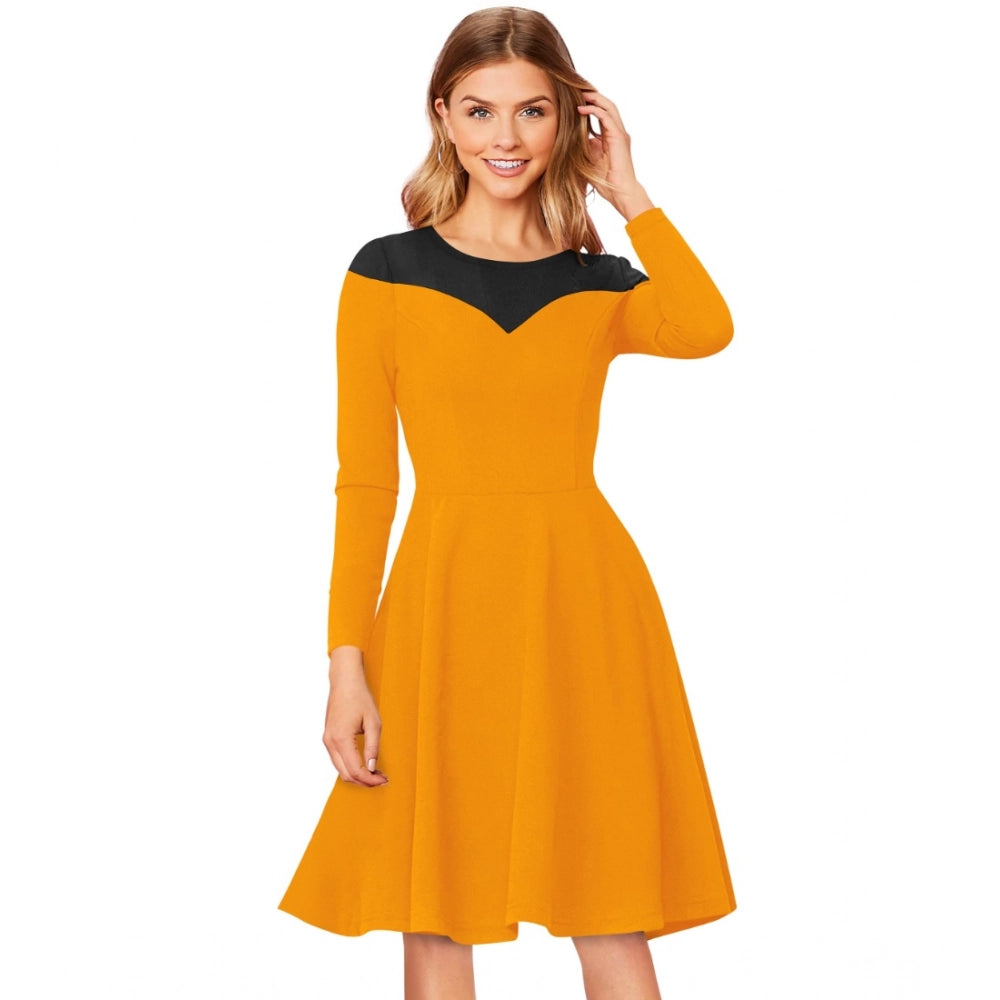 Indoraa Women's Knitting stretchable Solid Round Neck Full Sleeve Dress (Yellow)