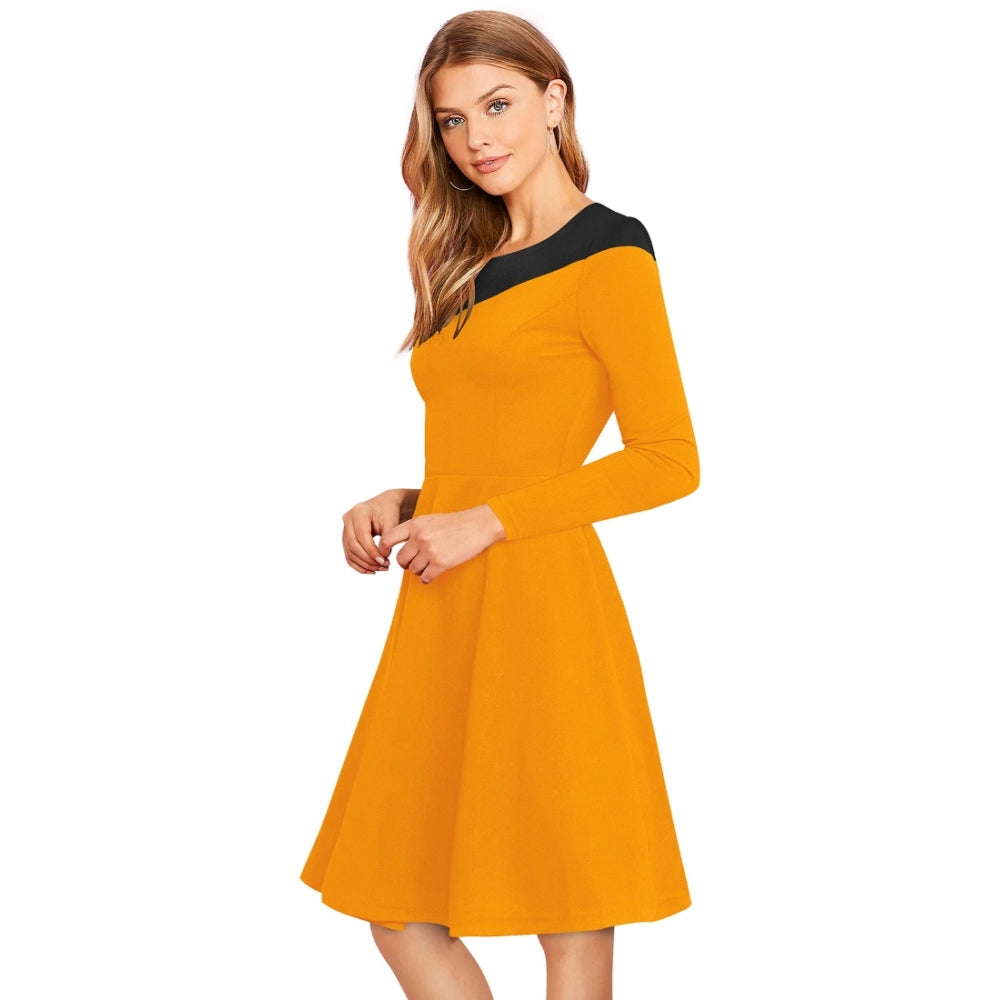 Indoraa Women's Knitting stretchable Solid Round Neck Full Sleeve Dress (Yellow)