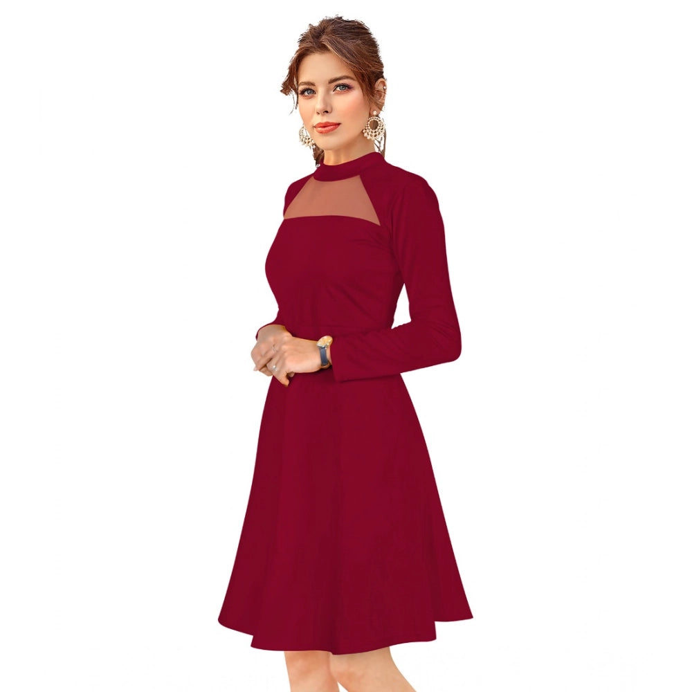 Indoraa Women's Knitting stretchable Solid Round Neck Full Sleeve Dress (Maroon)