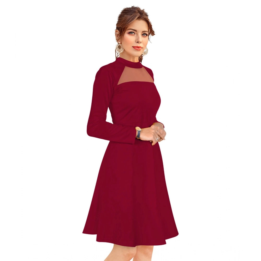 Indoraa Women's Knitting stretchable Solid Round Neck Full Sleeve Dress (Maroon)