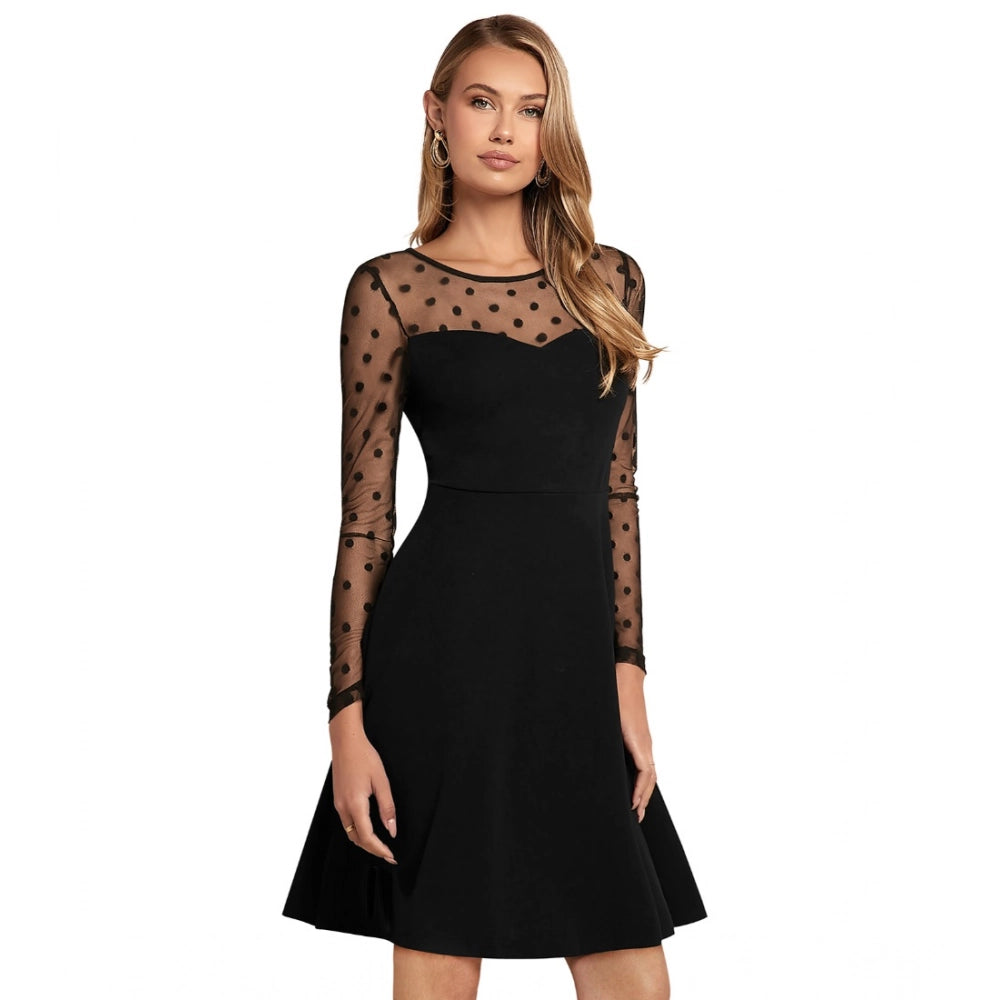 Indoraa Women's Knitting stretchable Solid Round Neck Full Sleeve Dress (Black)