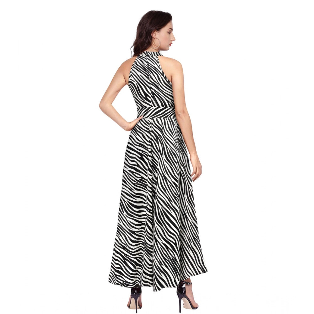 Indoraa Women's Polyester Zebra Pattern Halter Neck Sleeveless Dress (White)