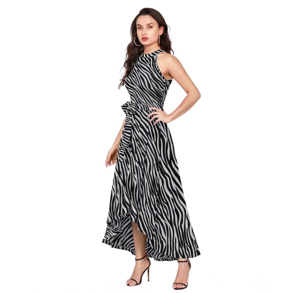 Indoraa Women's Polyester Zebra Pattern Halter Neck Sleeveless Dress (Navy Blue)