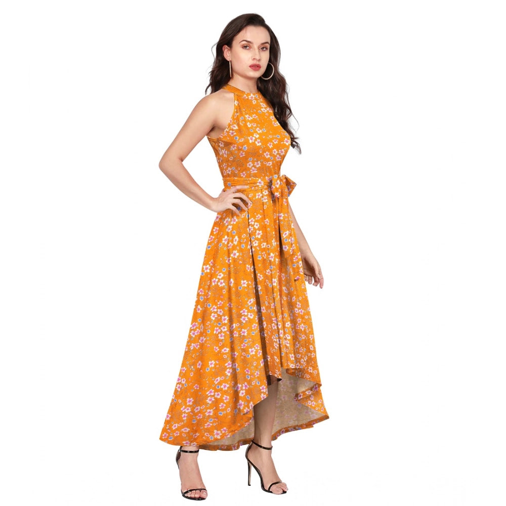 Indoraa Women's Polyester Printed Halter Neck Sleeveless Dress (Yellow)