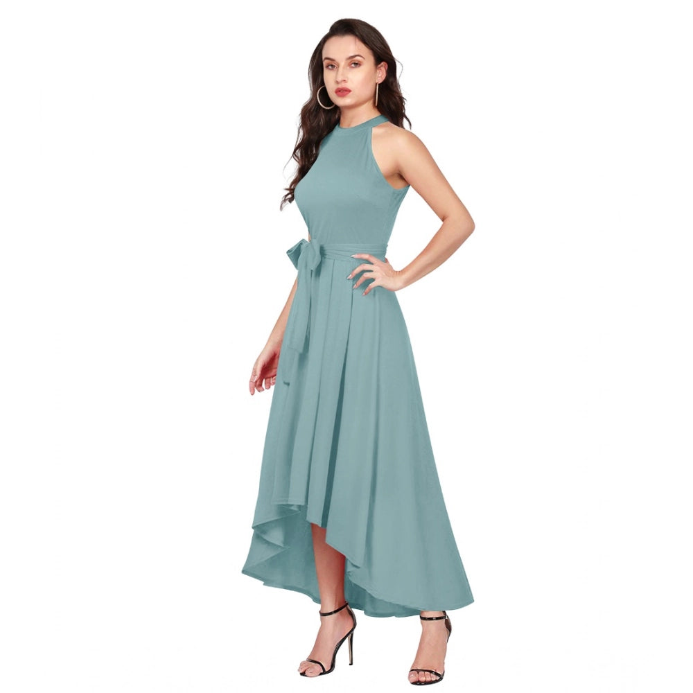 Indoraa Women's Polyester Solid Halter Neck Sleeveless Dress (Pista)