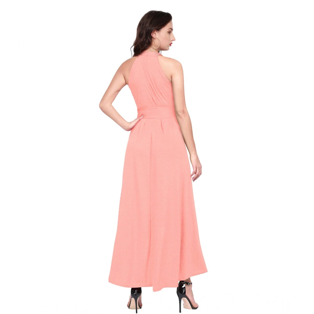 Indoraa Women's Polyster Solid Halter Neck Sleeveless Dress (Peach)