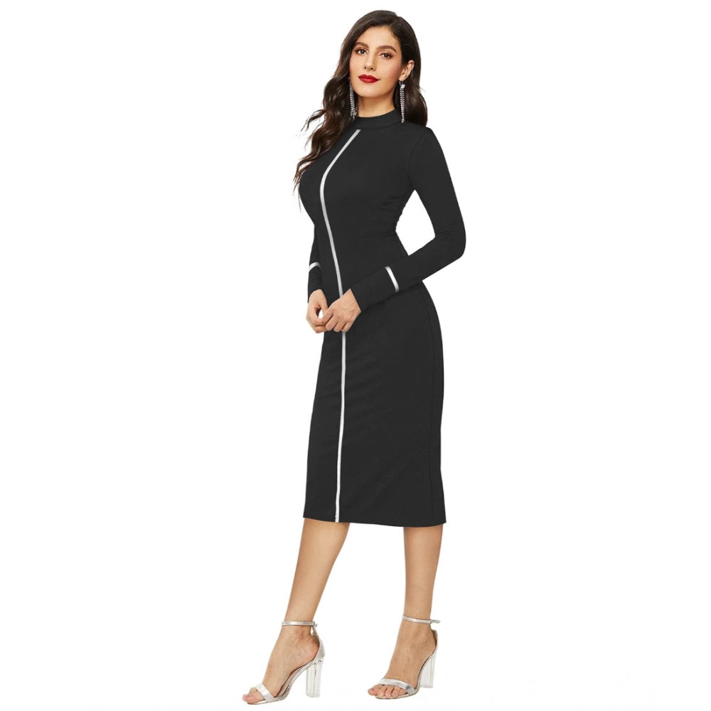 Indoraa Women's Knitting stretchable Solid Round Neck Full Sleeve Dress (Black)