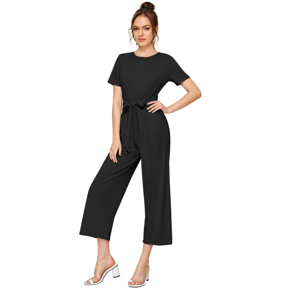 Indoraa Women's Knitting stretchable Solid Round Neck Cap Sleeve Jumpsuit (Black)
