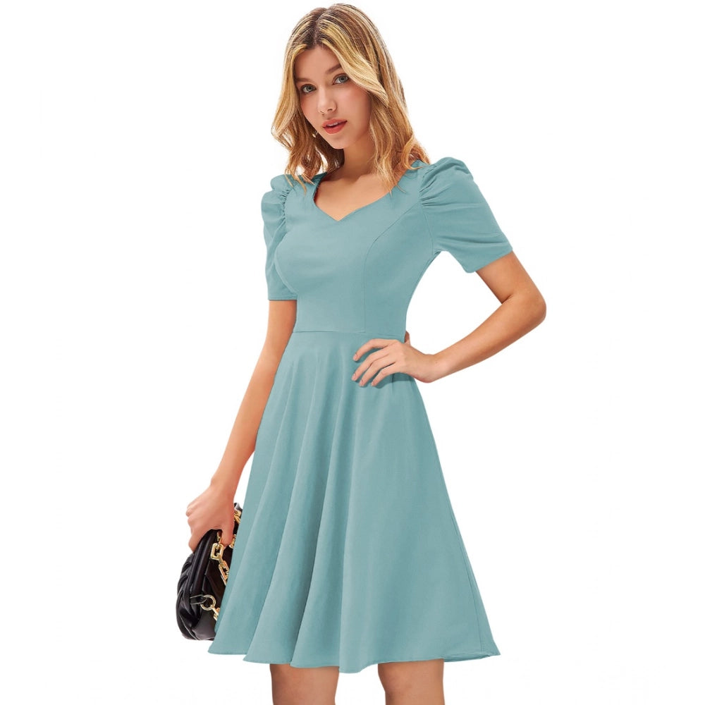 Indoraa Women's Knitting stretchable Solid V Neck Cap Sleeve Dress (Pista)