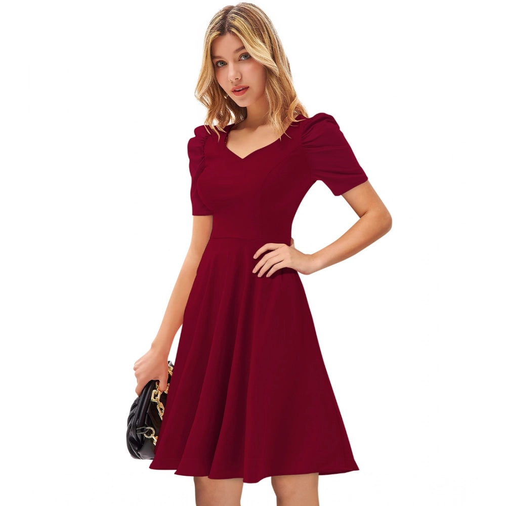 Indoraa Women's Knitting stretchable Solid V Neck Cap Sleeve Dress (Maroon)