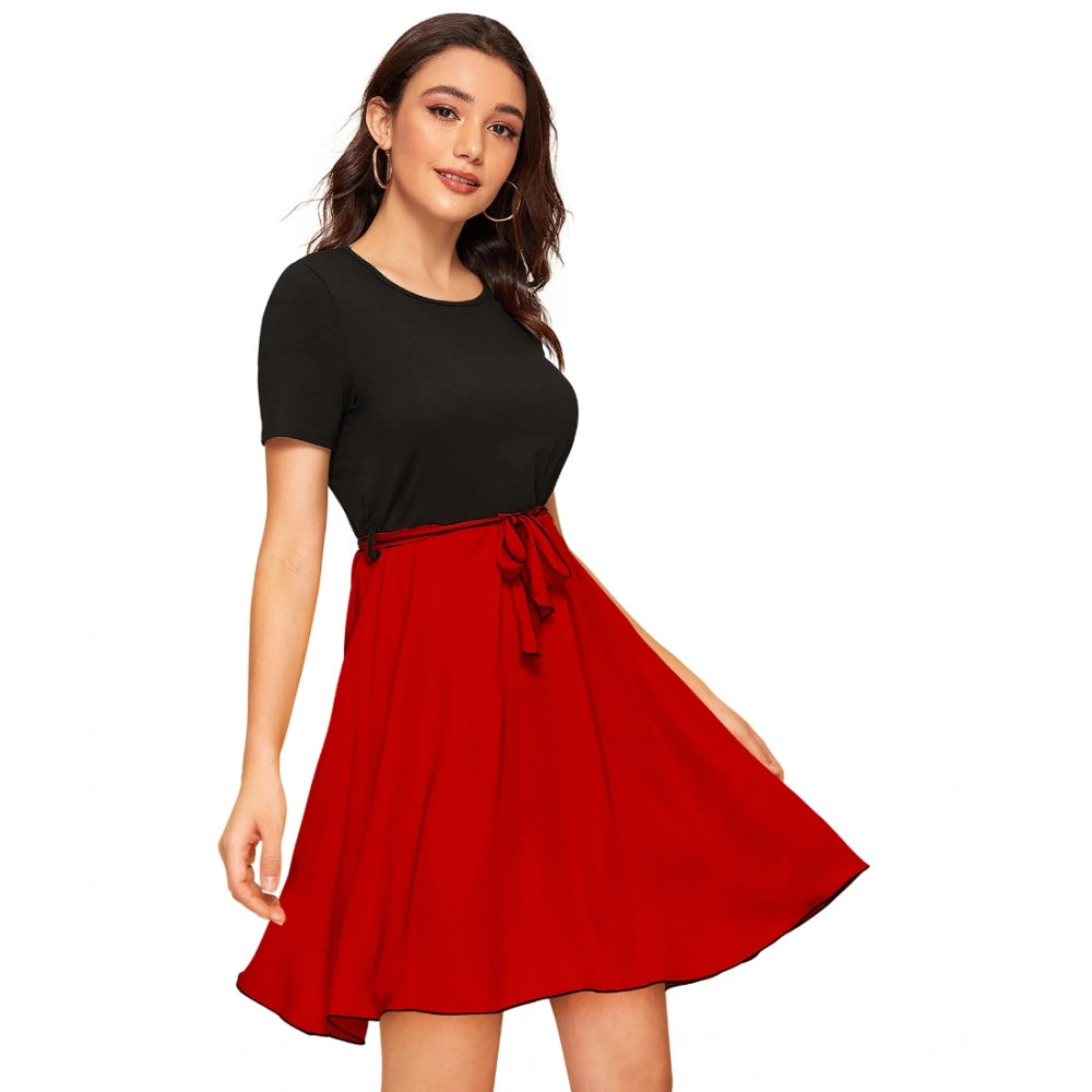 Indoraa Women's Knitting stretchable Solid Round Neck Cap Sleeve Dress (Red)