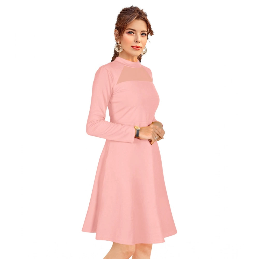 Indoraa Women's Knitting stretchable Solid Round Neck Full Sleeve Dress (Peach)