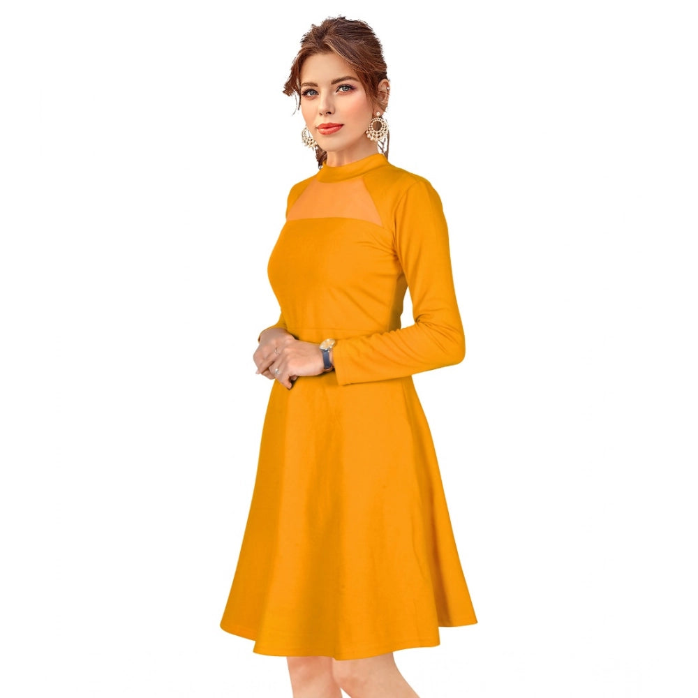 Indoraa Women's Knitting stretchable Solid Round Neck Full Sleeve Dress (Yellow)