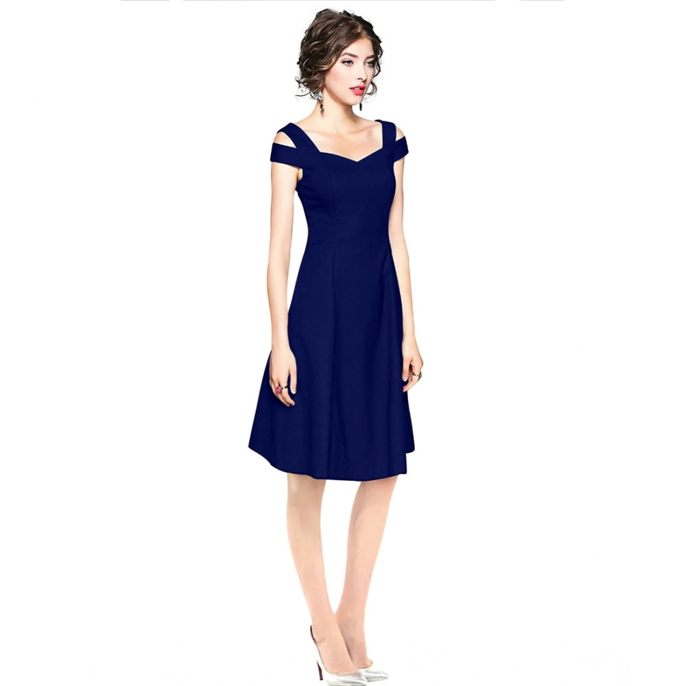 Indoraa Women's Polyester Solid V Neck Cap Sleeve off Shoulder Dress (Blue)