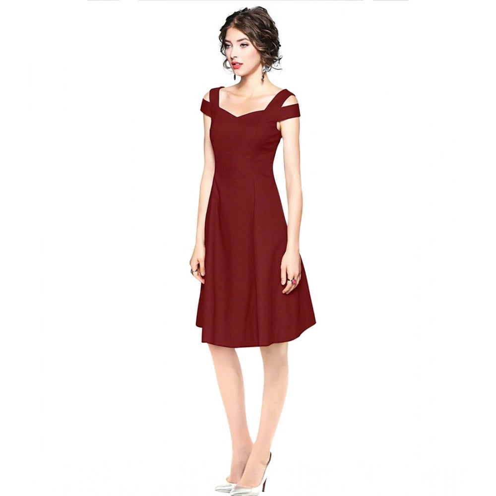 Indoraa Women's Polyester Solid V Neck Cap Sleeve off Shoulder Dress (Maroon)