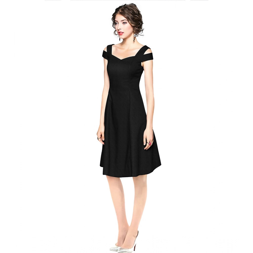 Indoraa Women's Polyester Solid V Neck Cap Sleeve off Shoulder Dress (Black)