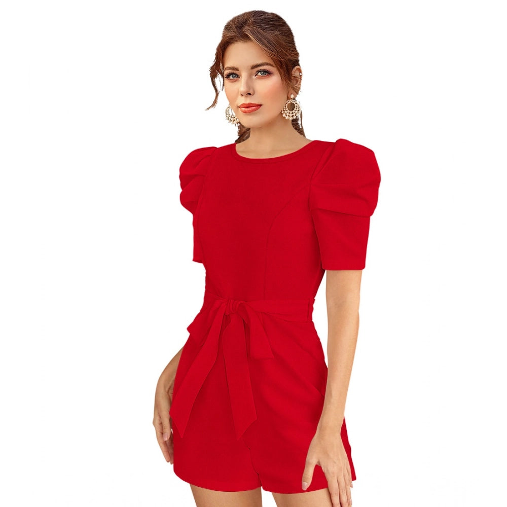 Indoraa Women's Knitting stretchable Solid Round Neck 3-4 Puff Sleeve Dress (Red )