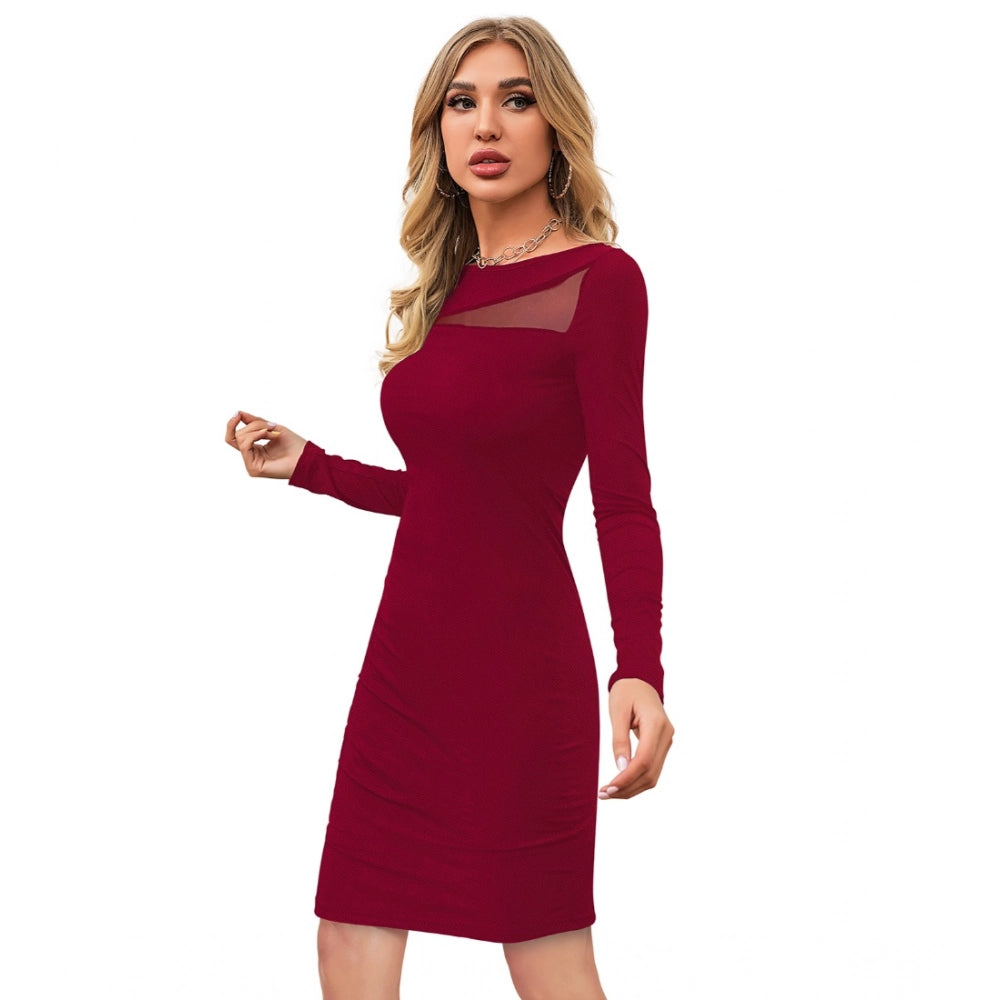 Indoraa Women's Knitting stretchable Solid Round Neck Full Sleeve Dress (Maroon)