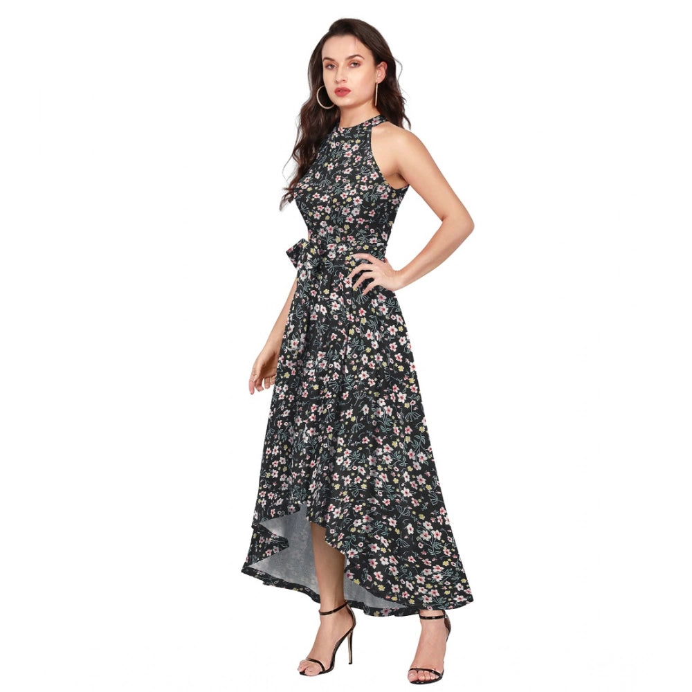 Indoraa Women's Polyester Printed Halter Neck Sleeveless Dress (Black)