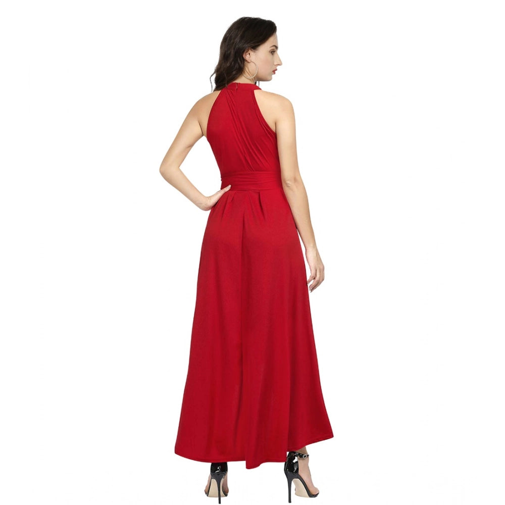 Indoraa Women's Polyster Solid Halter Neck Sleeveless Dress (Red)