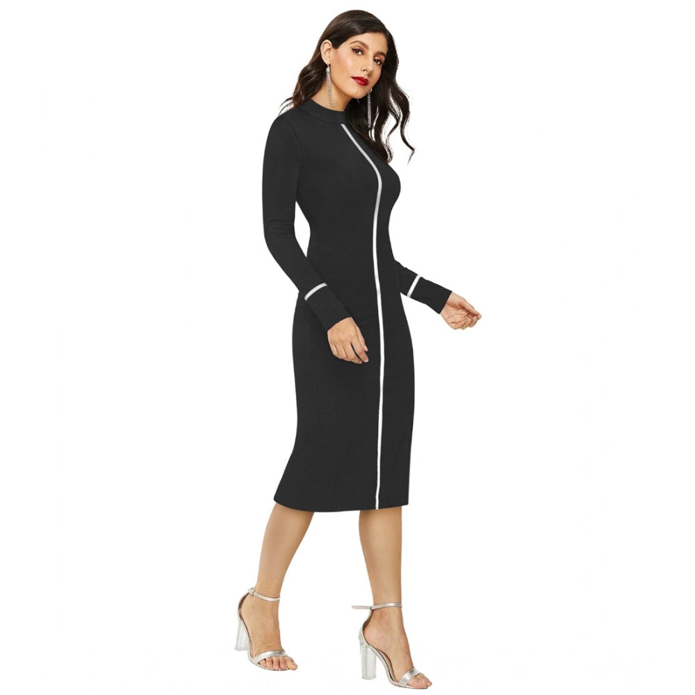 Indoraa Women's Knitting stretchable Solid Round Neck Full Sleeve Dress (Black)