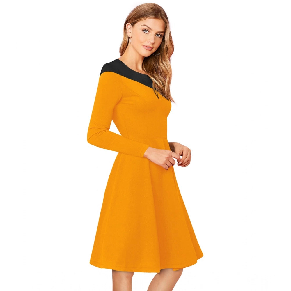 Indoraa Women's Knitting stretchable Solid Round Neck Full Sleeve Dress (Yellow)