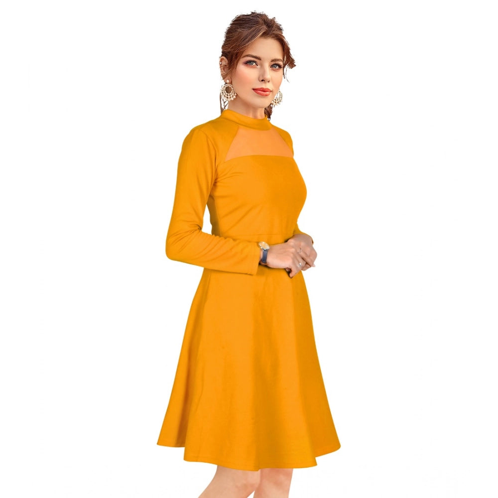 Indoraa Women's Knitting stretchable Solid Round Neck Full Sleeve Dress (Yellow)