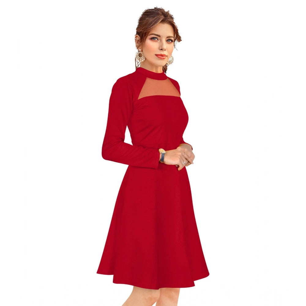 Indoraa Women's Knitting stretchable Solid Round Neck Full Sleeve Dress (Red)