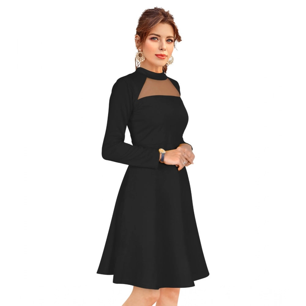 Indoraa Women's Knitting stretchable Solid Round Neck Full Sleeve Dress (Black)