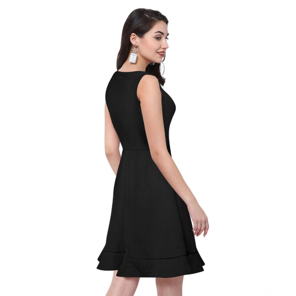 Indoraa Women's Polyester Solid Round Neck Sleeveless Dress (Black)