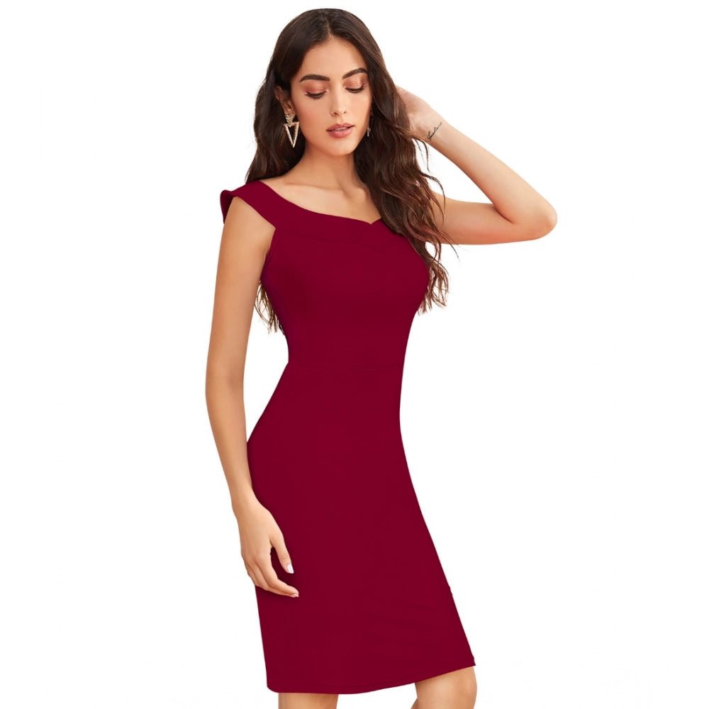 Indoraa Women's Knitting stretchable Solid Round Neck Sleeveless Dress (Maroon)