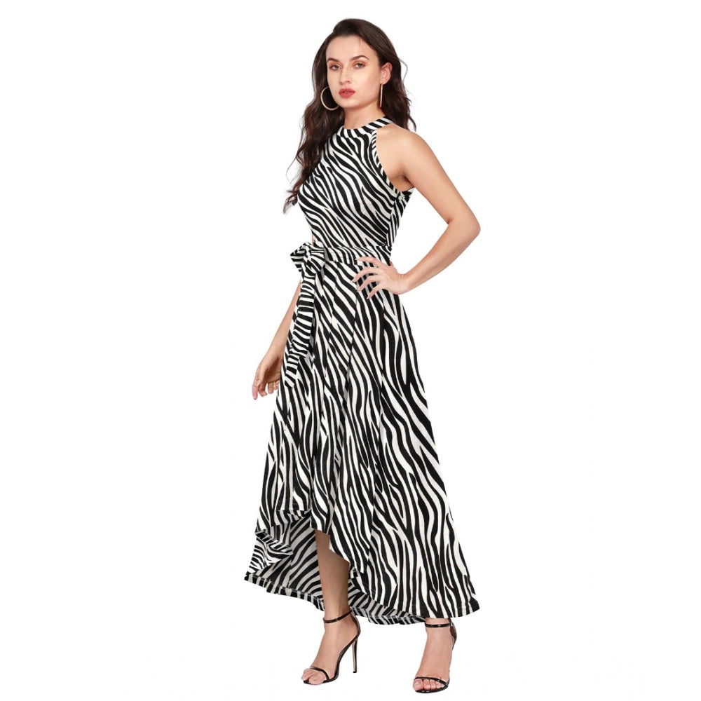 Indoraa Women's Polyester Zebra Pattern Halter Neck Sleeveless Dress (White)