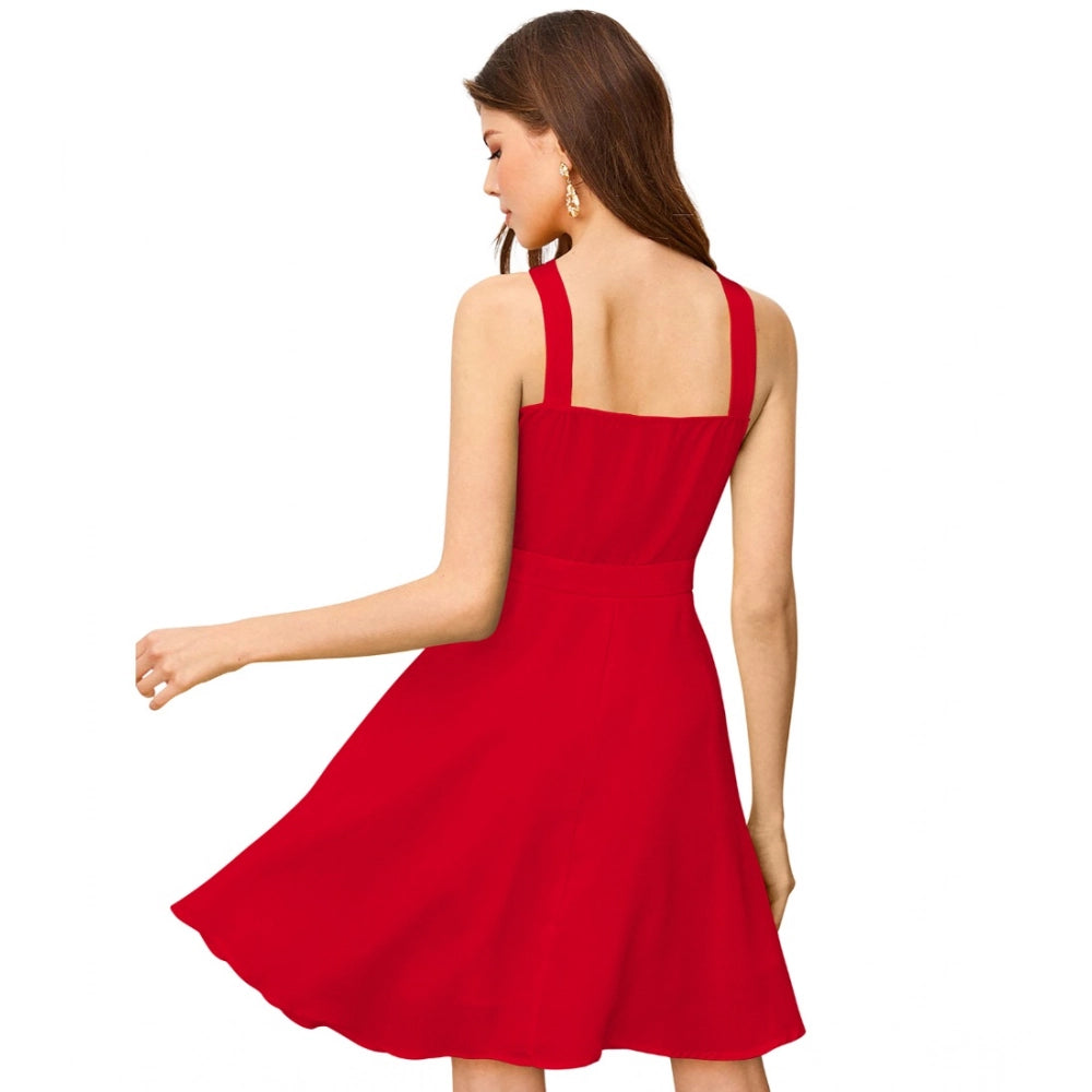 Indoraa Women's Knitting stretchable Solid Halter Neck Sleeveless Dress (Red )