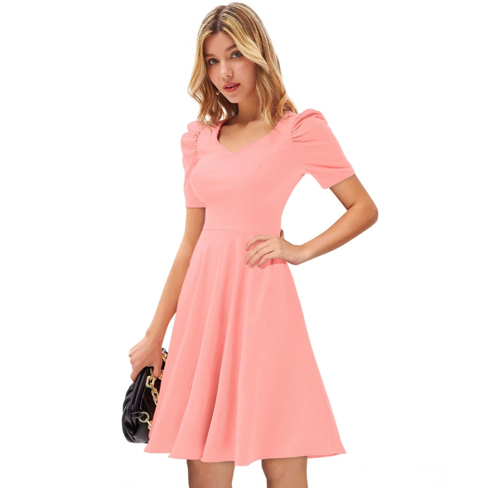 Indoraa Women's Knitting stretchable Solid V Neck Cap Sleeve Dress (Peach)