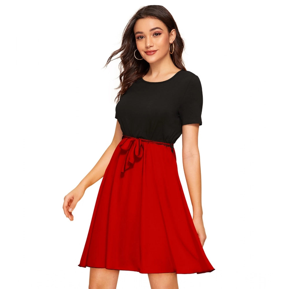 Indoraa Women's Knitting stretchable Solid Round Neck Cap Sleeve Dress (Red)