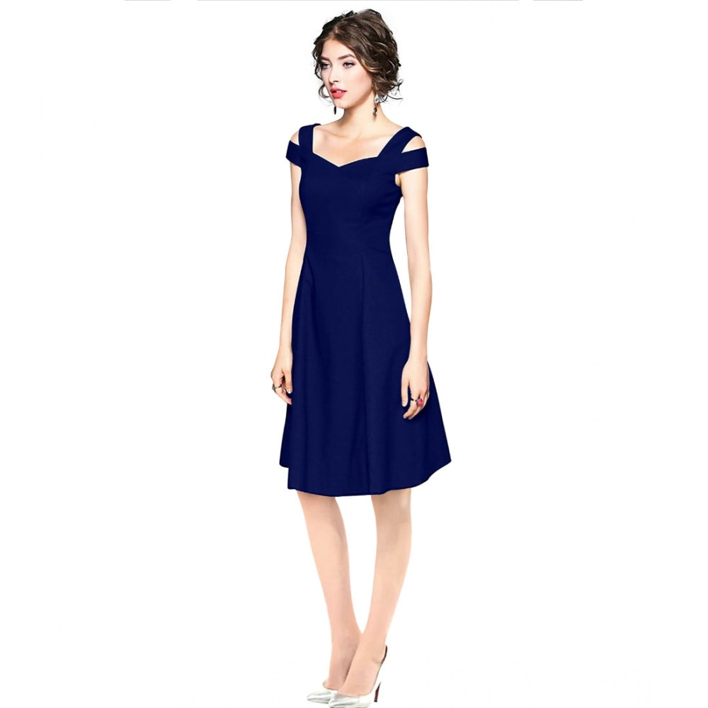 Indoraa Women's Polyester Solid V Neck Cap Sleeve off Shoulder Dress (Blue)
