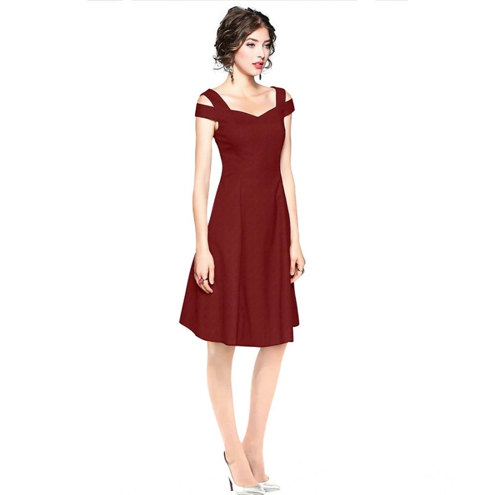 Indoraa Women's Polyester Solid V Neck Cap Sleeve off Shoulder Dress (Maroon)