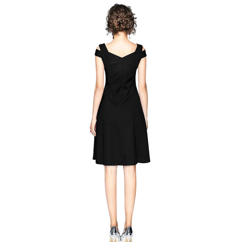 Indoraa Women's Polyester Solid V Neck Cap Sleeve off Shoulder Dress (Black)