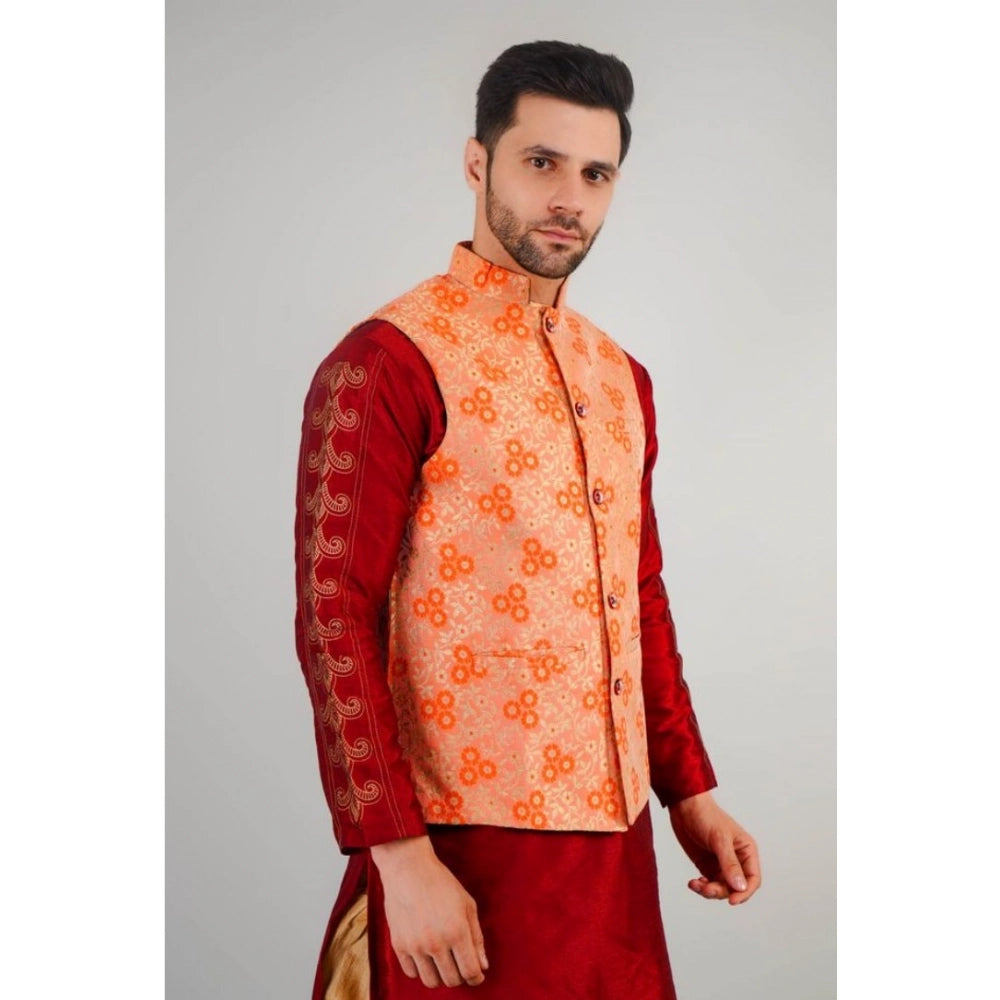 Indoraa Men's Jacquard Self-Design Sleeveless Mandarin Neck Waistcoat (Orange)