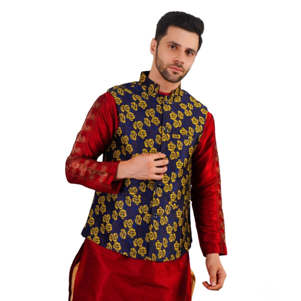 Indoraa Men's Jacquard Self-Design Sleeveless Mandarin Neck Waistcoat (Blue-Gold)